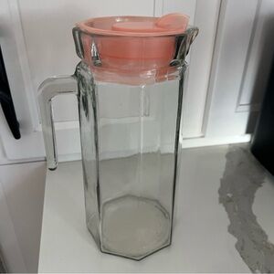 Vintage KIG Octagonal Paneled Glass Pitcher Tall Pink Lid 1.5 L Retro Kitchen